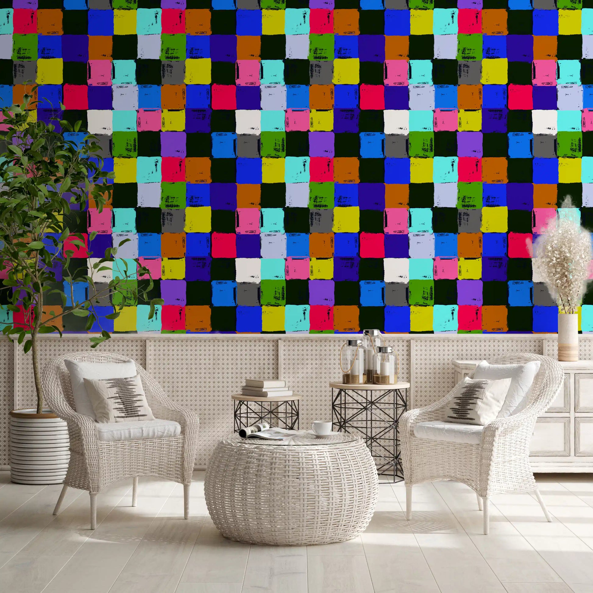 Vibrant Painted Patchwork Squares Wallpaper⁠