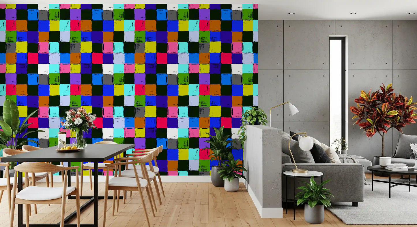 Vibrant Painted Patchwork Squares Wallpaper⁠