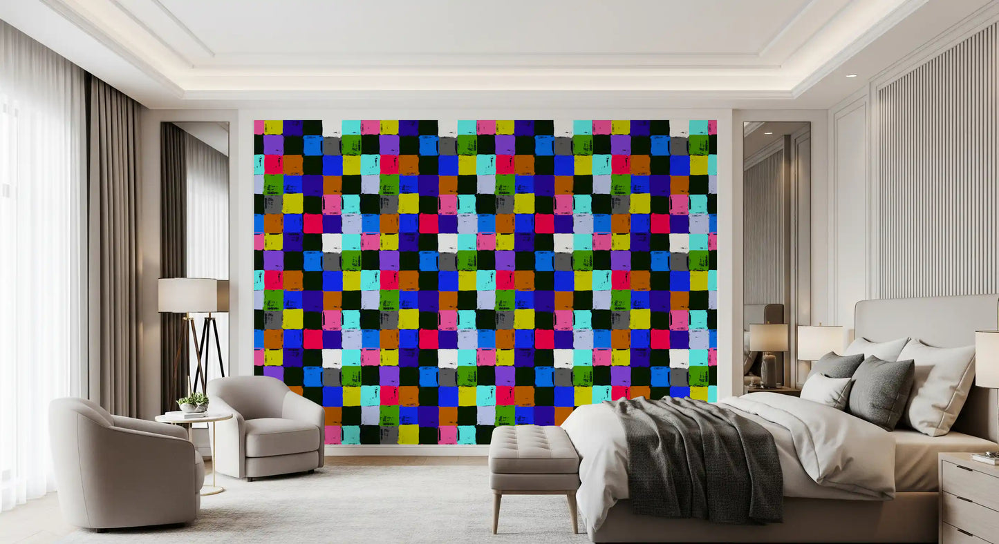 Vibrant Painted Patchwork Squares Wallpaper⁠