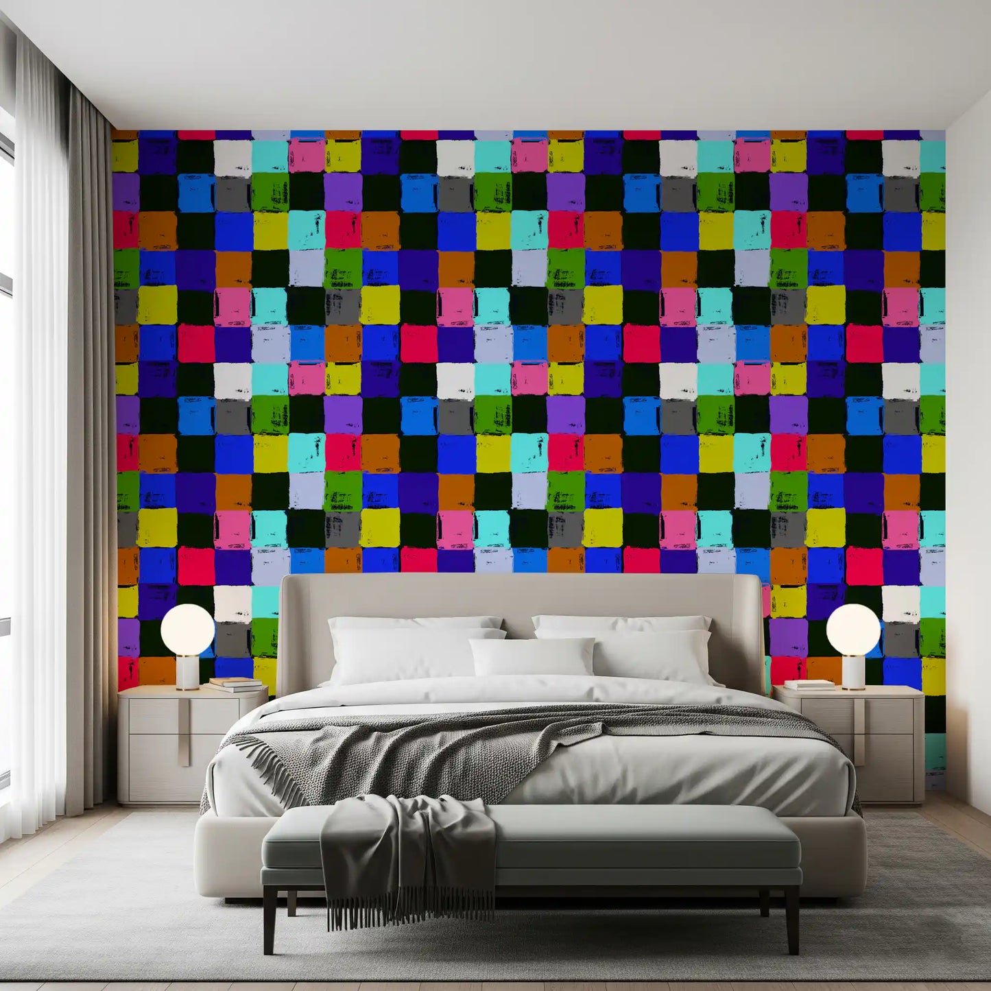 Vibrant Painted Patchwork Squares Wallpaper⁠
