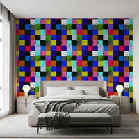Vibrant Painted Patchwork Squares Wallpaper⁠