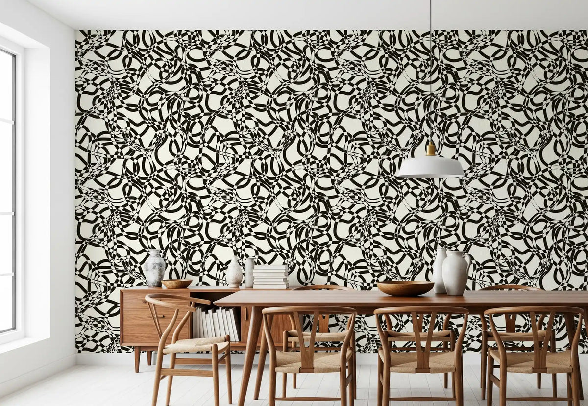Interwoven black curves on cream monochrome wallpaper in dining room GD11792