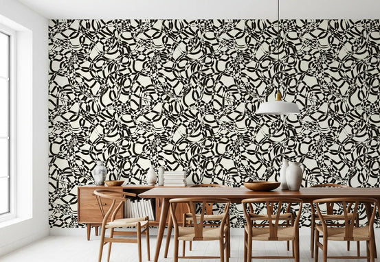 Interwoven black curves on cream monochrome wallpaper in dining room GD11792