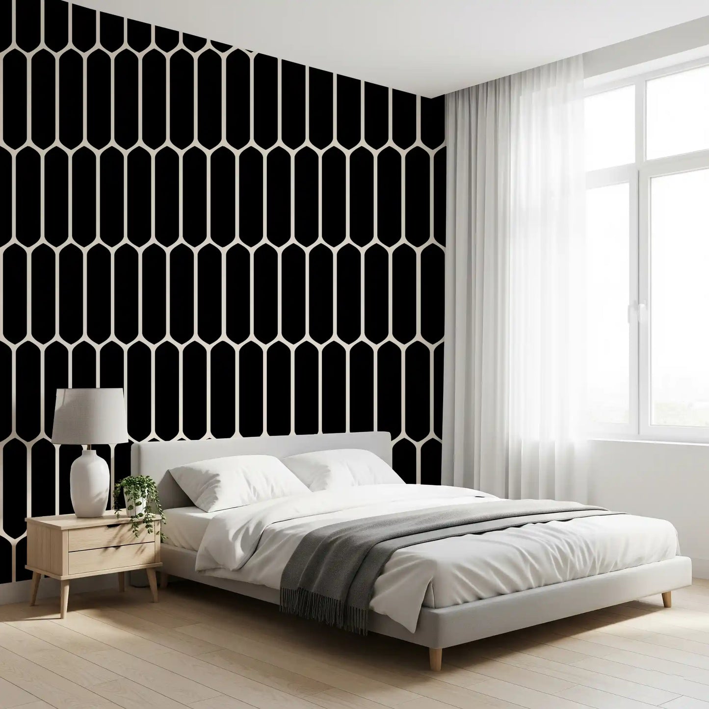 Monochrome Geometric Elongated Hexagon Pattern Wallpaper⁠