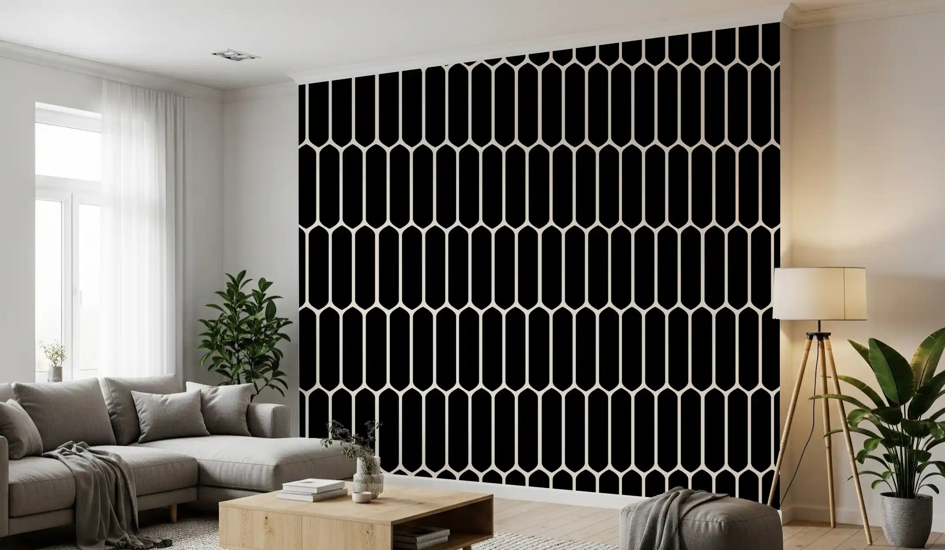 Monochrome Geometric Elongated Hexagon Pattern Wallpaper⁠
