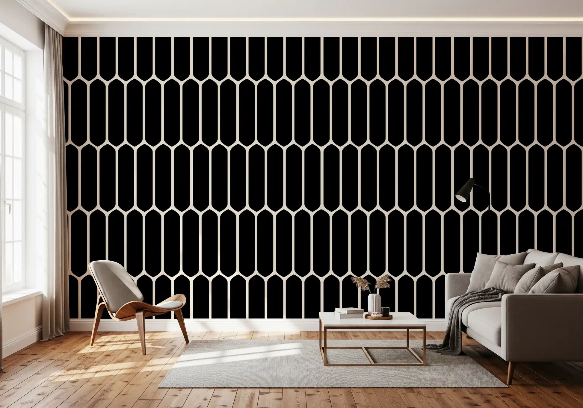 Monochrome Geometric Elongated Hexagon Pattern Wallpaper⁠