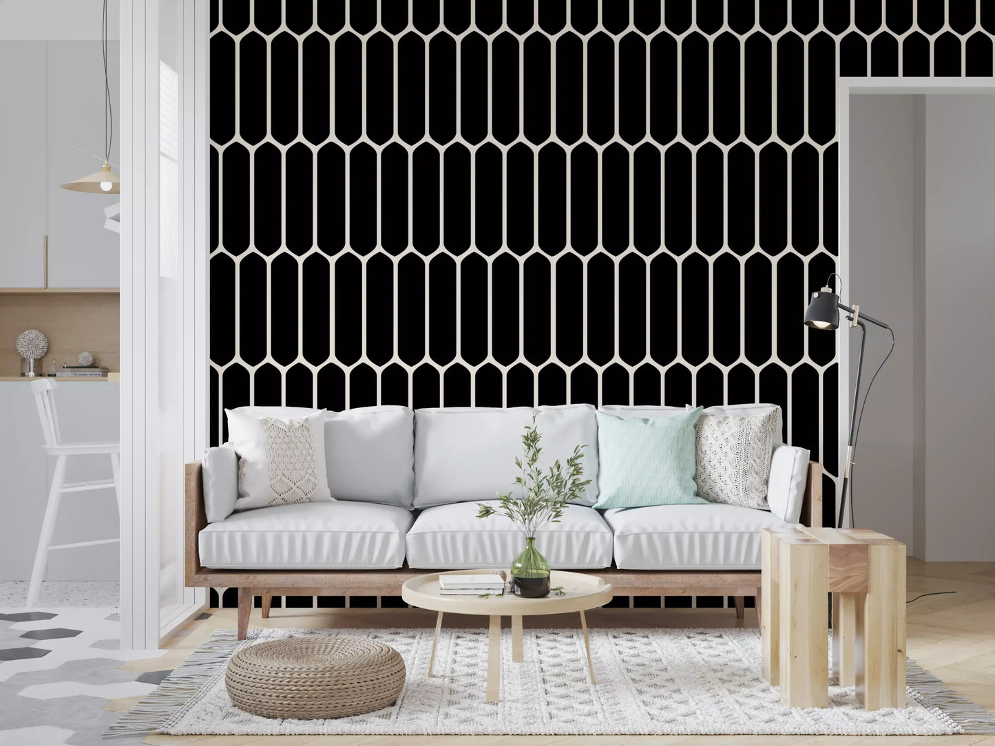 Monochrome Geometric Elongated Hexagon Pattern Wallpaper⁠