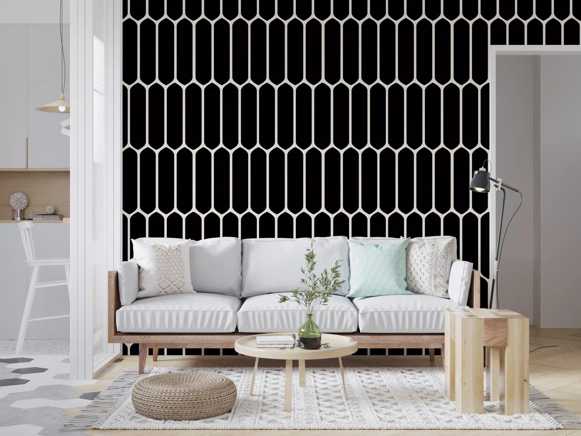 Monochrome Geometric Elongated Hexagon Pattern Wallpaper⁠
