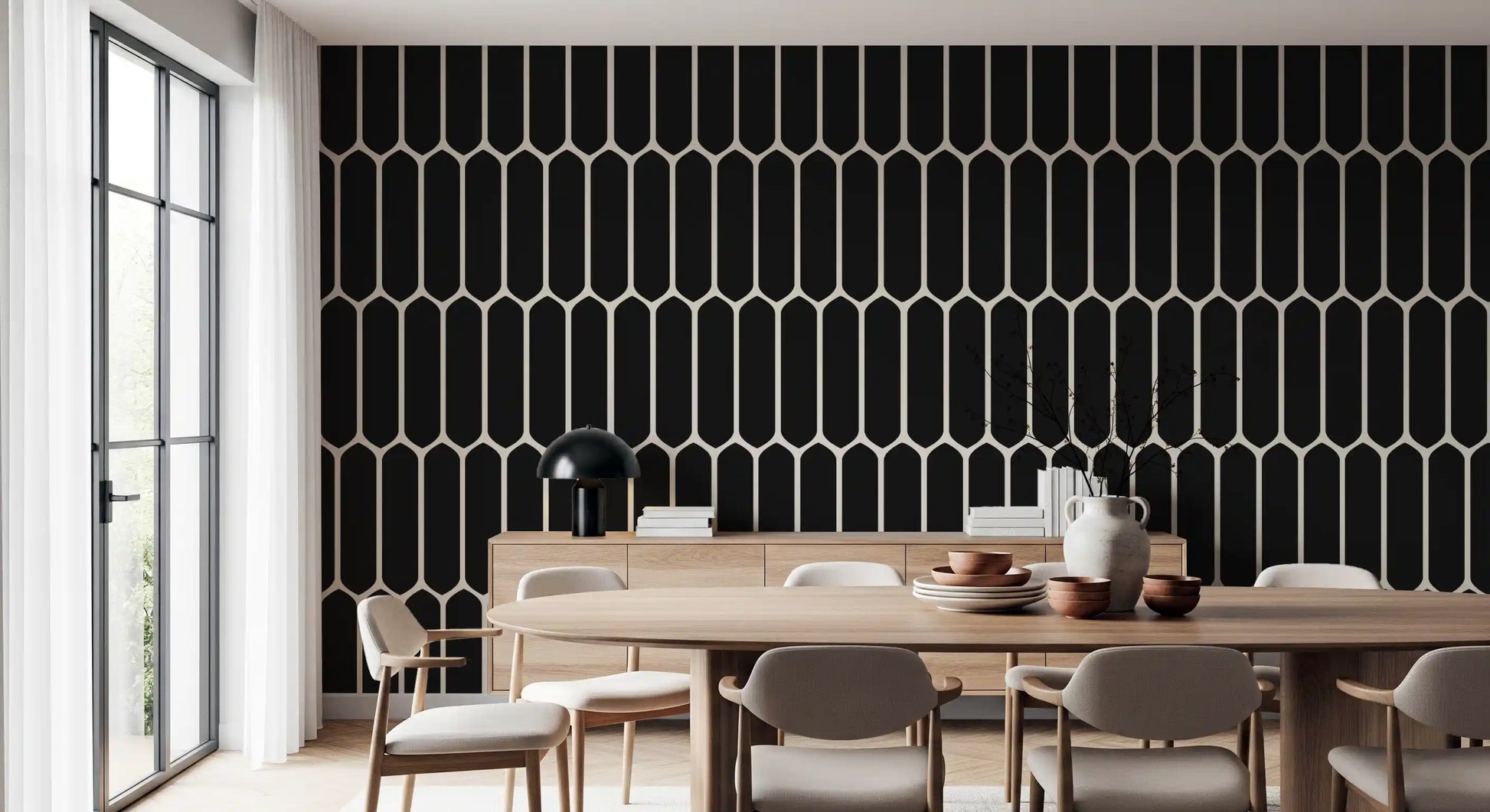 Monochrome Geometric Elongated Hexagon Pattern Wallpaper⁠