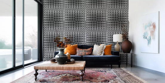 Warped black and white checkerboard grid wallpaper GD11794