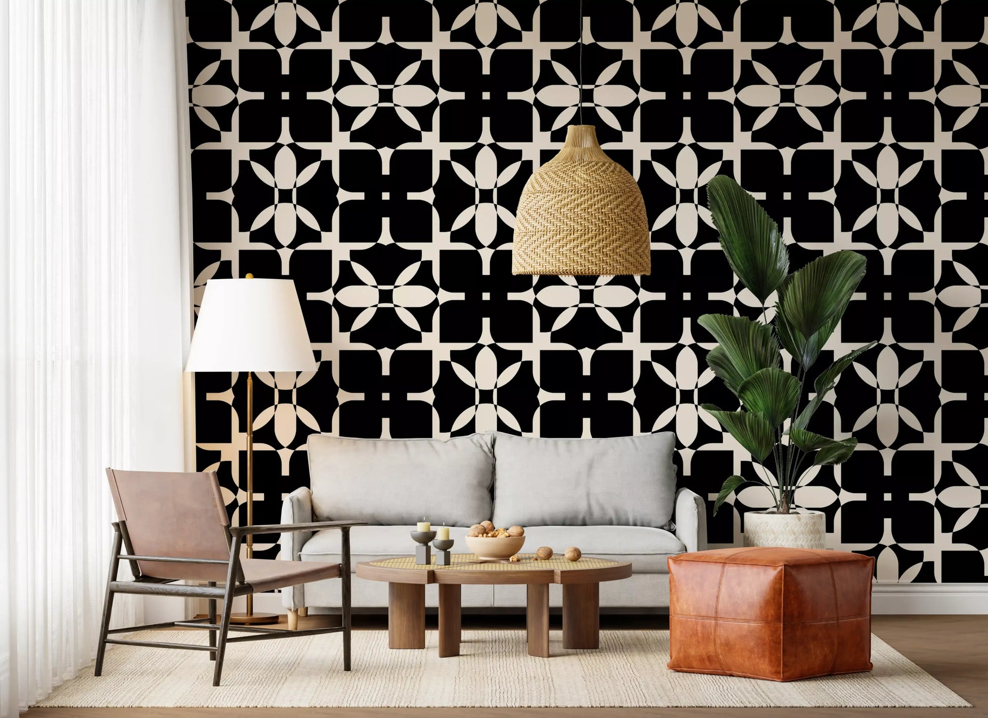 Graphic Monochrome Petal Tile Wallpaper⁠