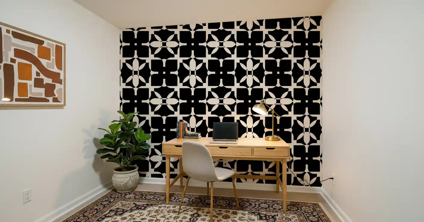 Graphic Monochrome Petal Tile Wallpaper⁠