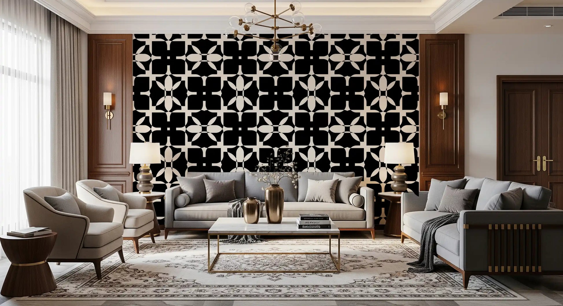 Graphic Monochrome Petal Tile Wallpaper⁠
