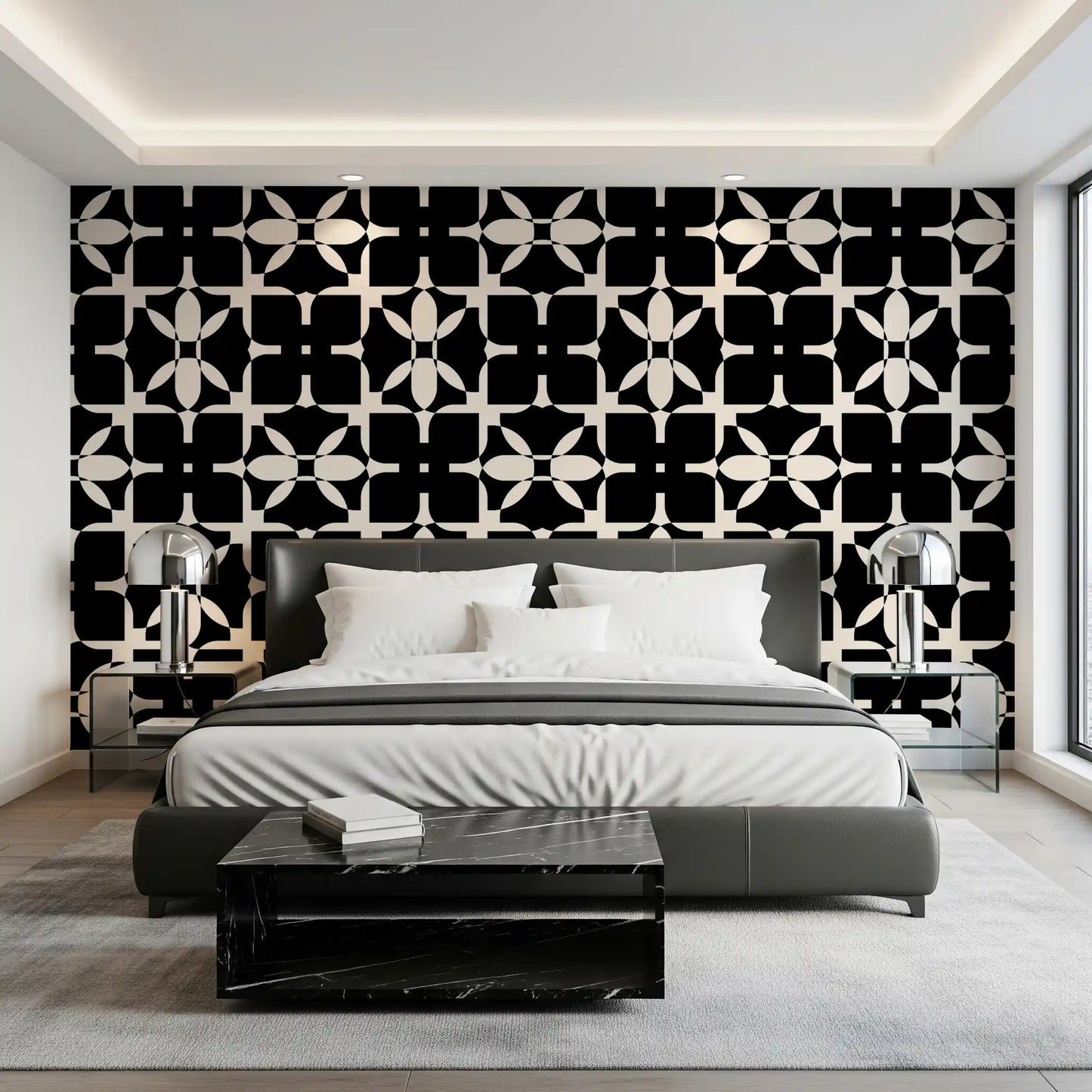 Graphic Monochrome Petal Tile Wallpaper⁠