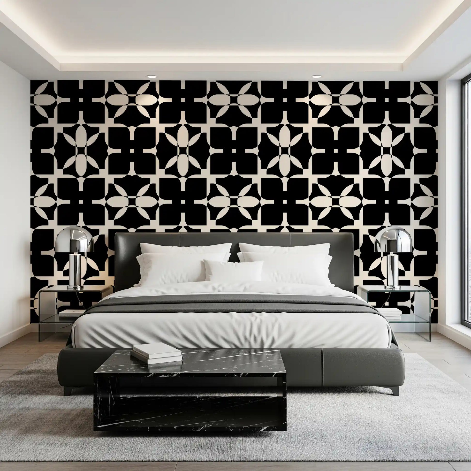 Graphic Monochrome Petal Tile Wallpaper⁠