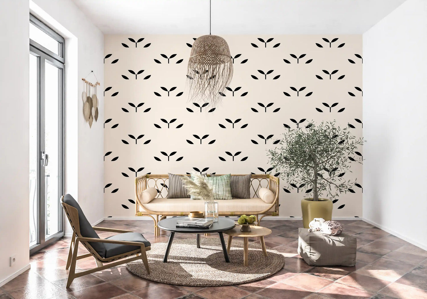 Minimalist Black Leaf Motif Wallpaper⁠