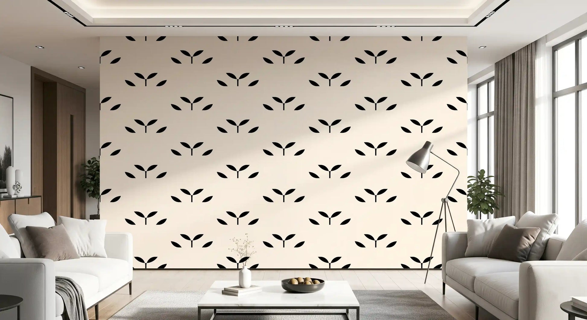 Minimalist Black Leaf Motif Wallpaper⁠
