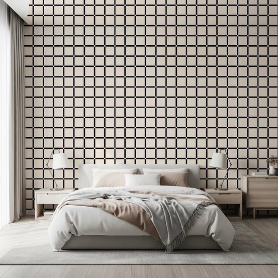Minimalist black grid wallpaper on cream background in bedroom GD11801