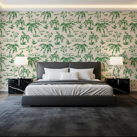 Coastal tropical palm line wallpaper in green on bedroom wall GD11802