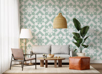 Sage Geometric Petal Grid Wallpaper⁠