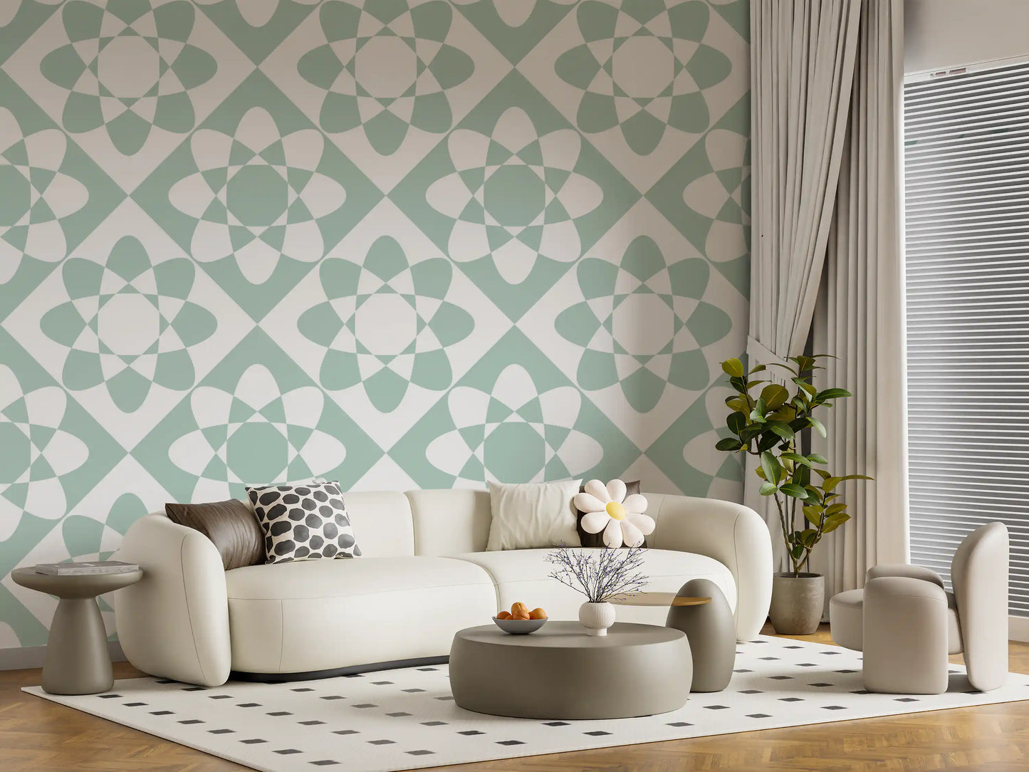 Sage Geometric Petal Grid Wallpaper⁠
