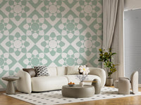 Sage Geometric Petal Grid Wallpaper⁠