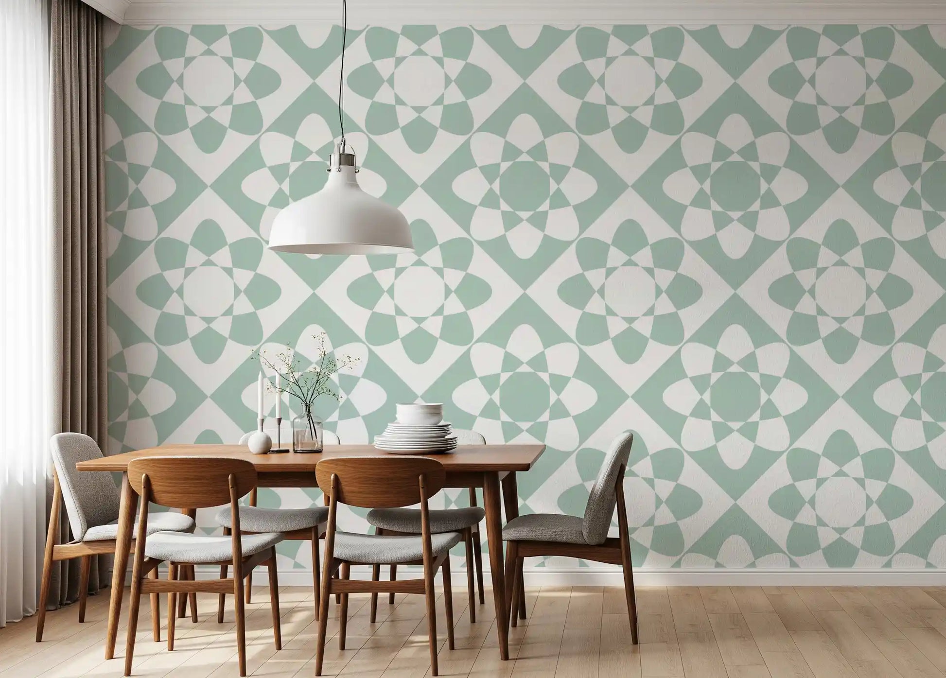 Sage Geometric Petal Grid Wallpaper⁠