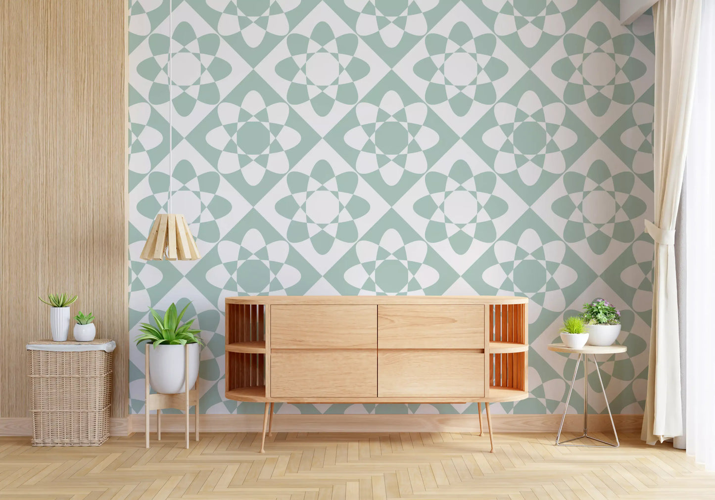 Sage Geometric Petal Grid Wallpaper⁠