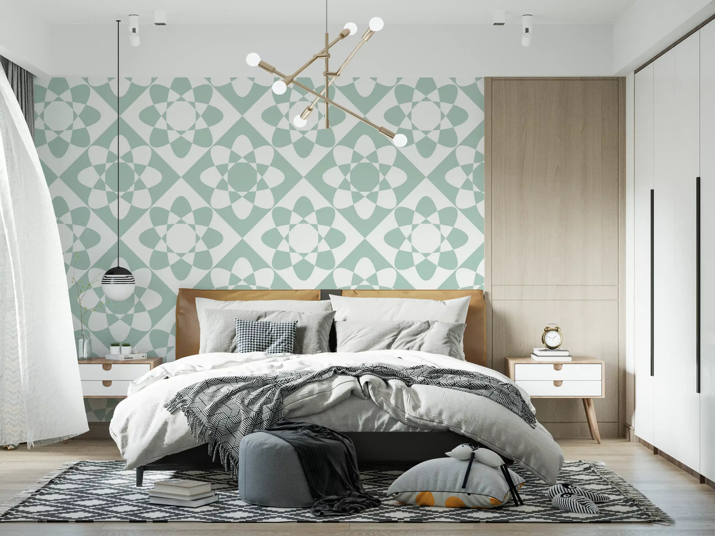 Sage Geometric Petal Grid Wallpaper⁠