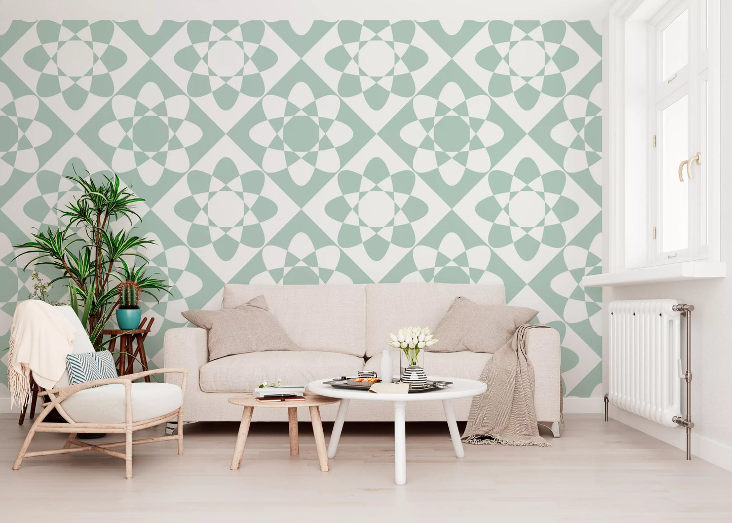 Sage Geometric Petal Grid Wallpaper⁠