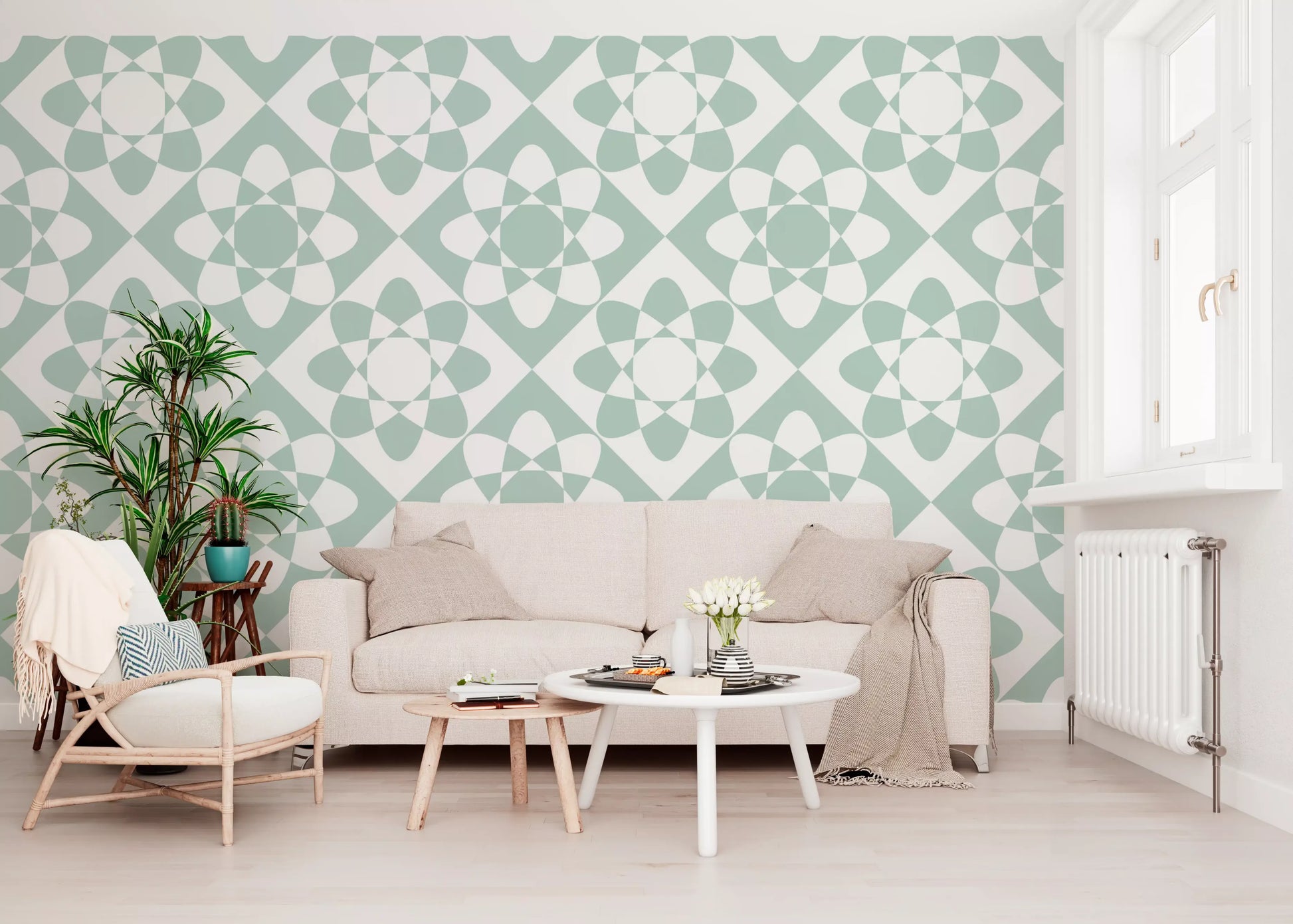 Sage Geometric Petal Grid Wallpaper⁠