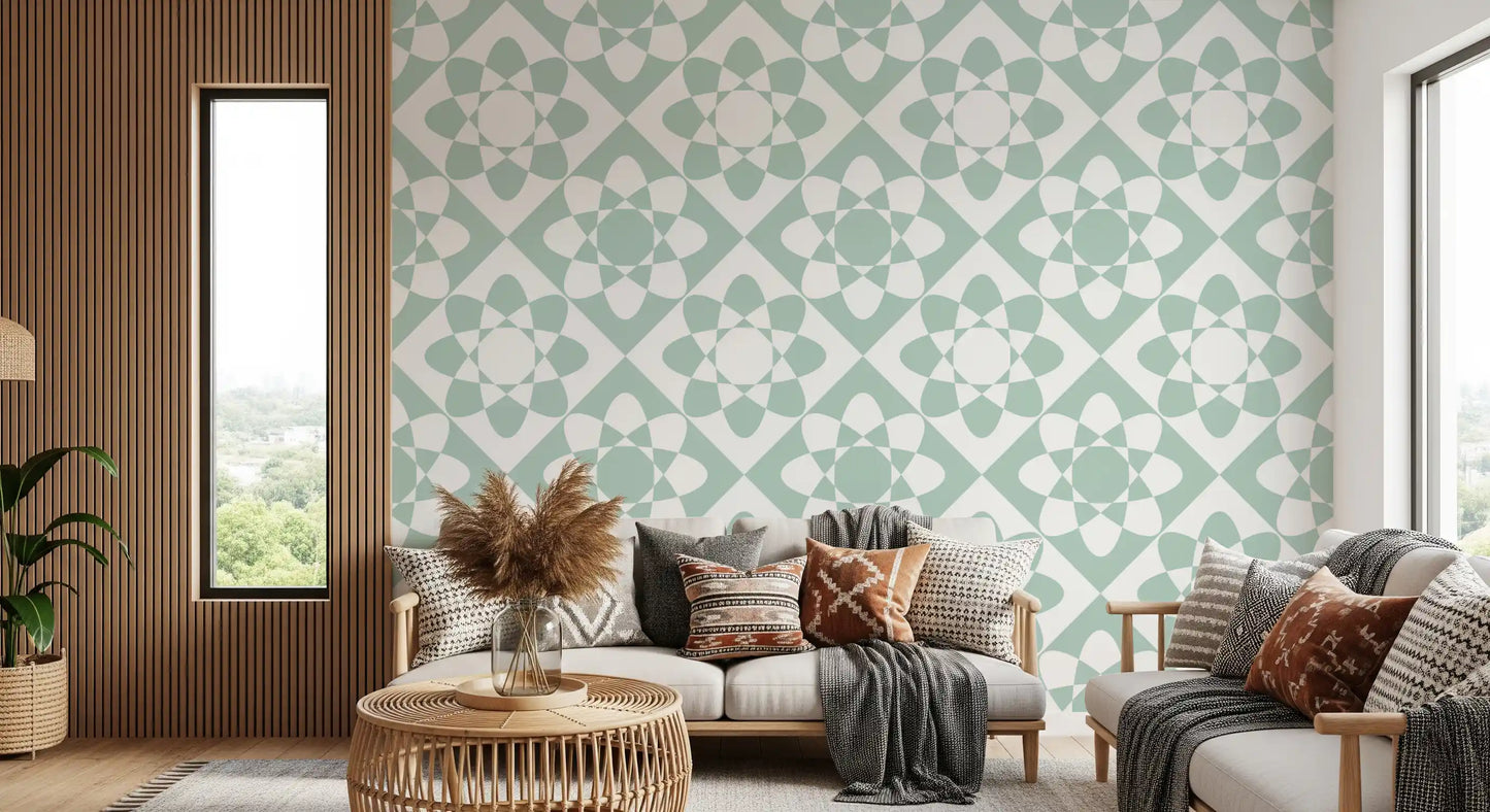 Sage Geometric Petal Grid Wallpaper⁠