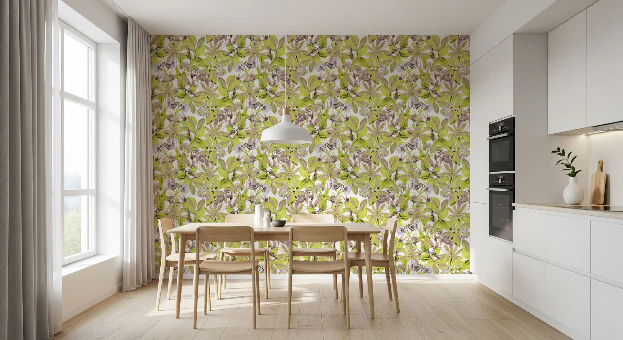 Botanical foliage wallpaper with lime-green leaves and mauve blooms in dining room GD11809