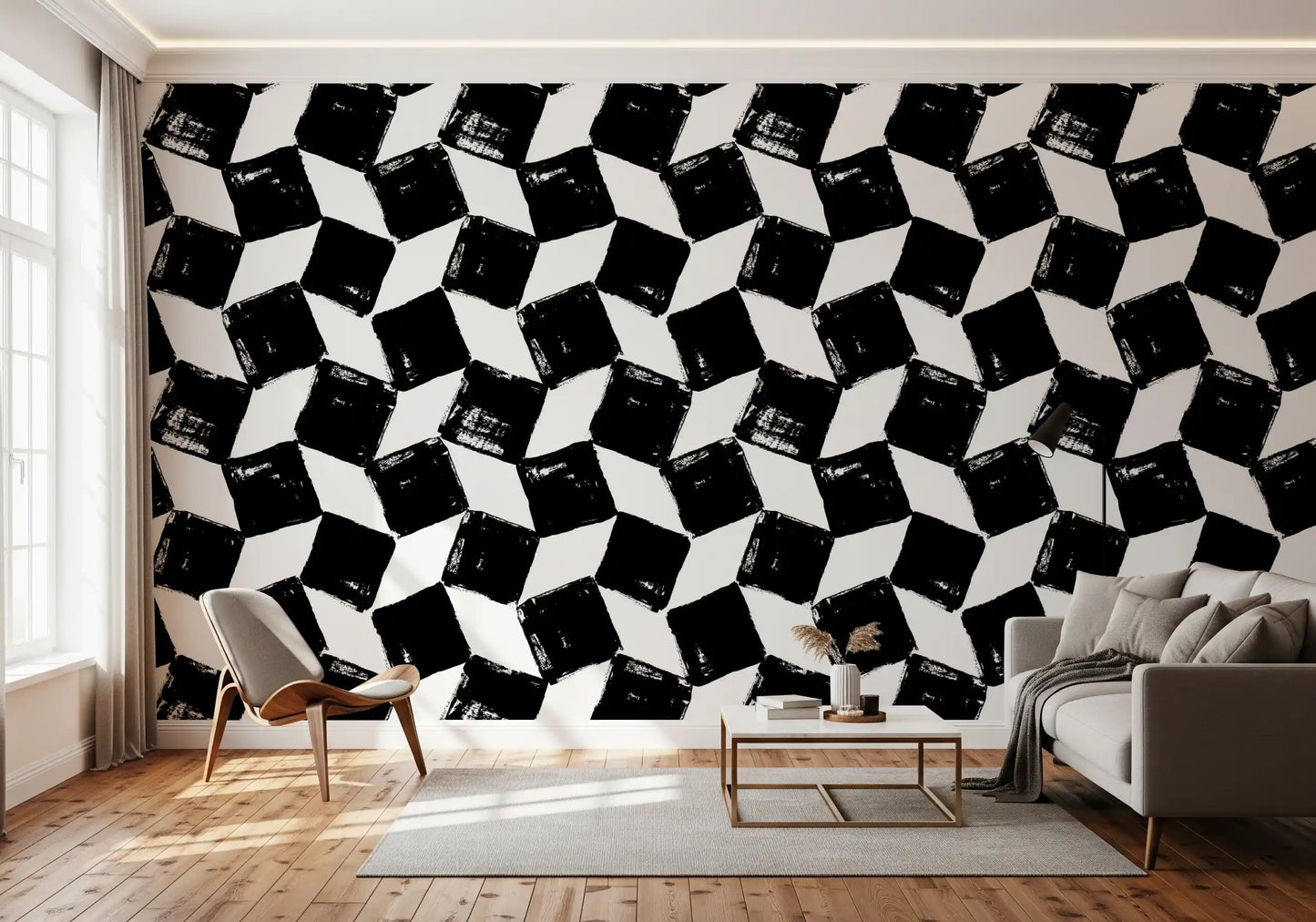 Monochrome Square Brushwork Wallpaper⁠