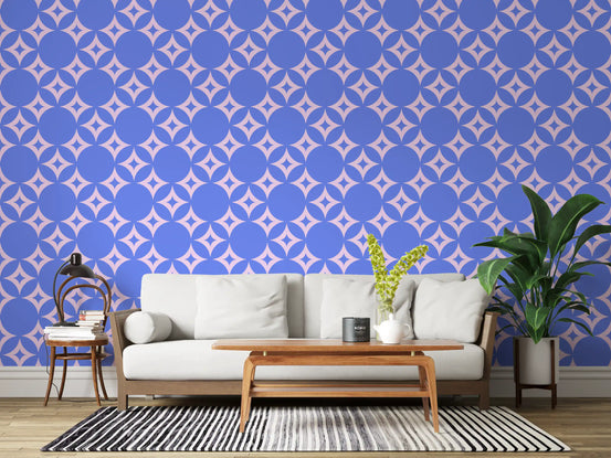 Geometric starburst wallpaper with blue circles and pink stars in living room GD11814