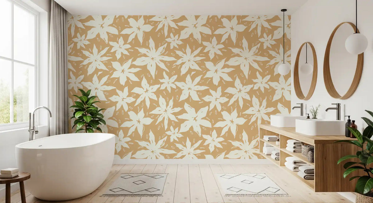 Cream floral wallpaper with star-shaped blooms on a warm sand ground in bathroom GD11821
