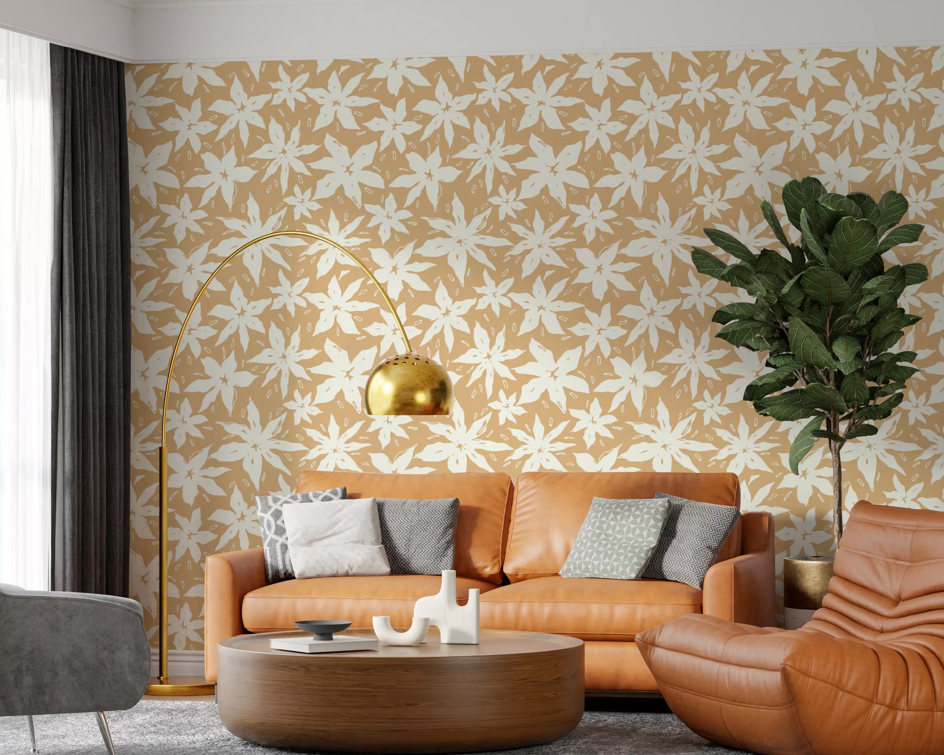 Cream Floral Bloom Motif Wallpaper⁠