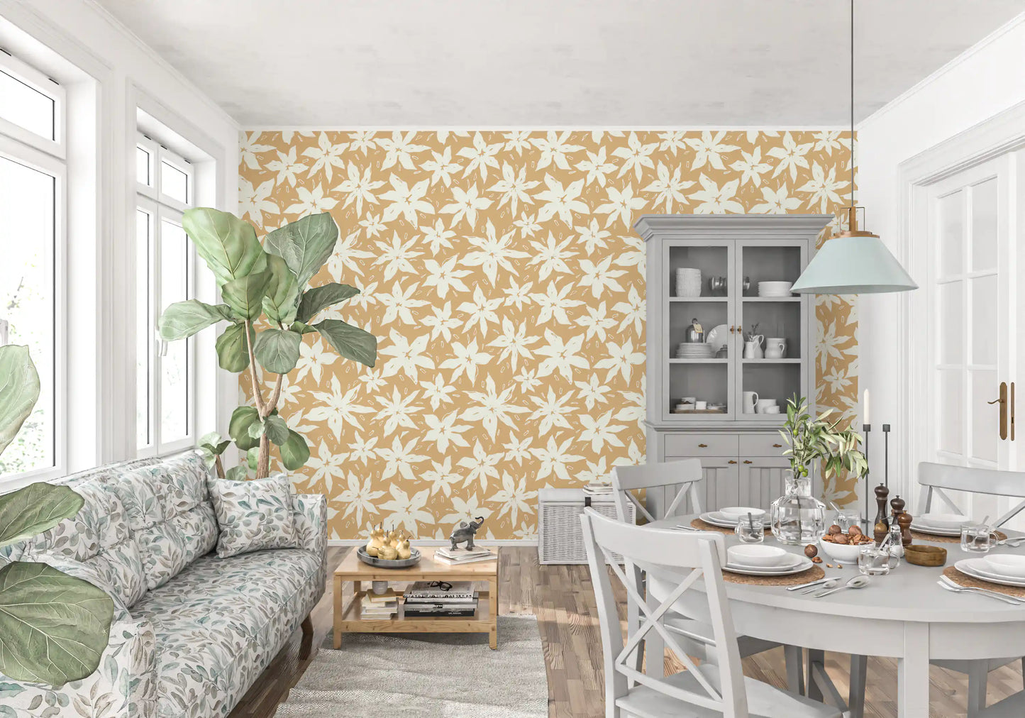 Cream Floral Bloom Motif Wallpaper⁠