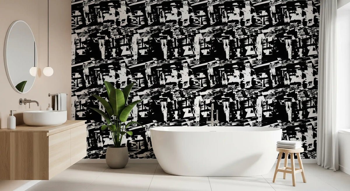Ink stroke wallpaper with rough black marks on bright white in bathroom GD11825