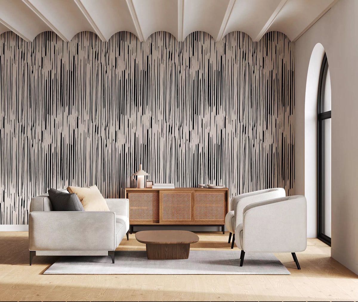 Vertical brushstroke wallpaper with black lines on a cream ground GD11826 