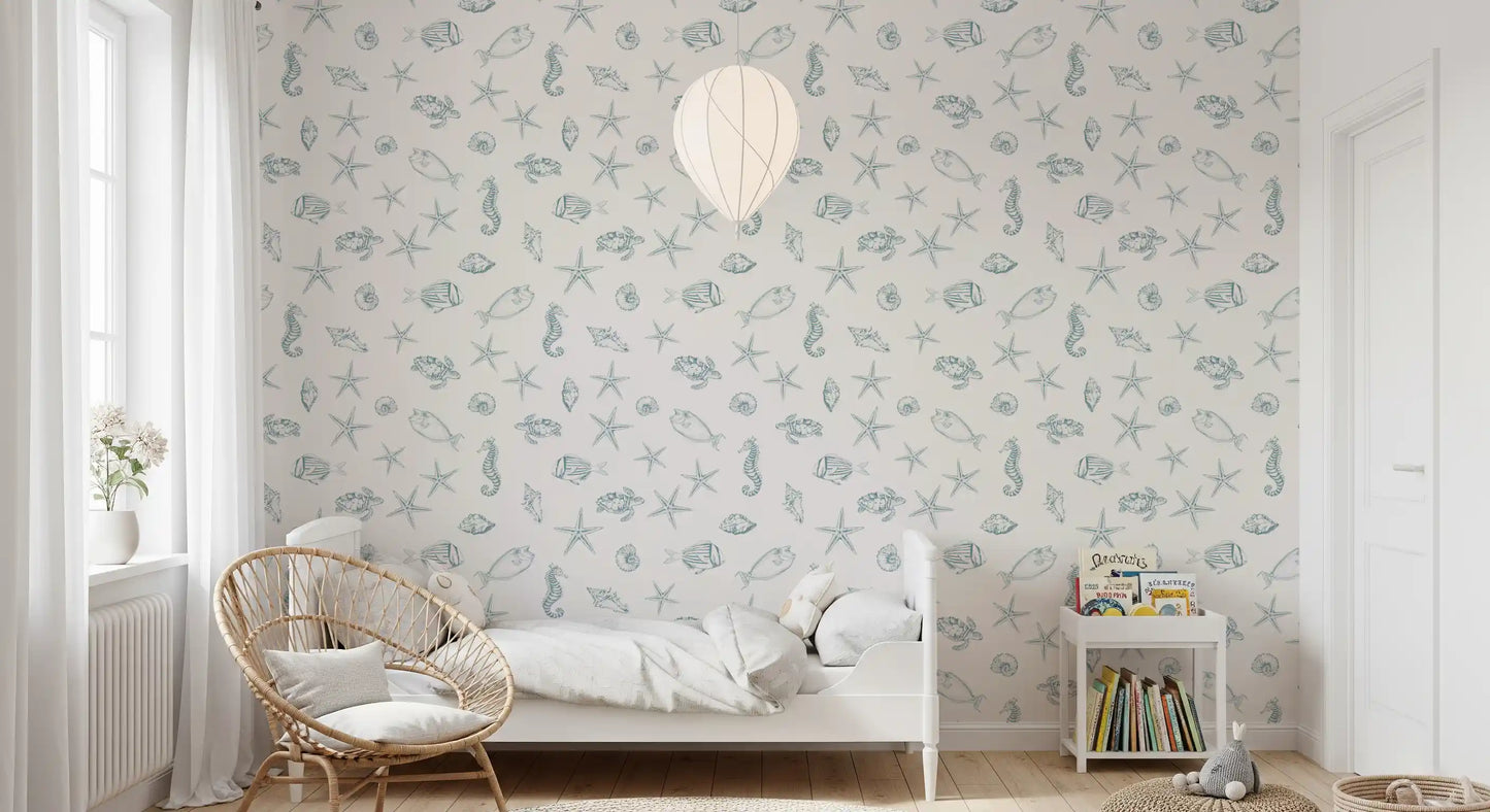 Oceanic Sketch Marine Life Pattern Wallpaper⁠