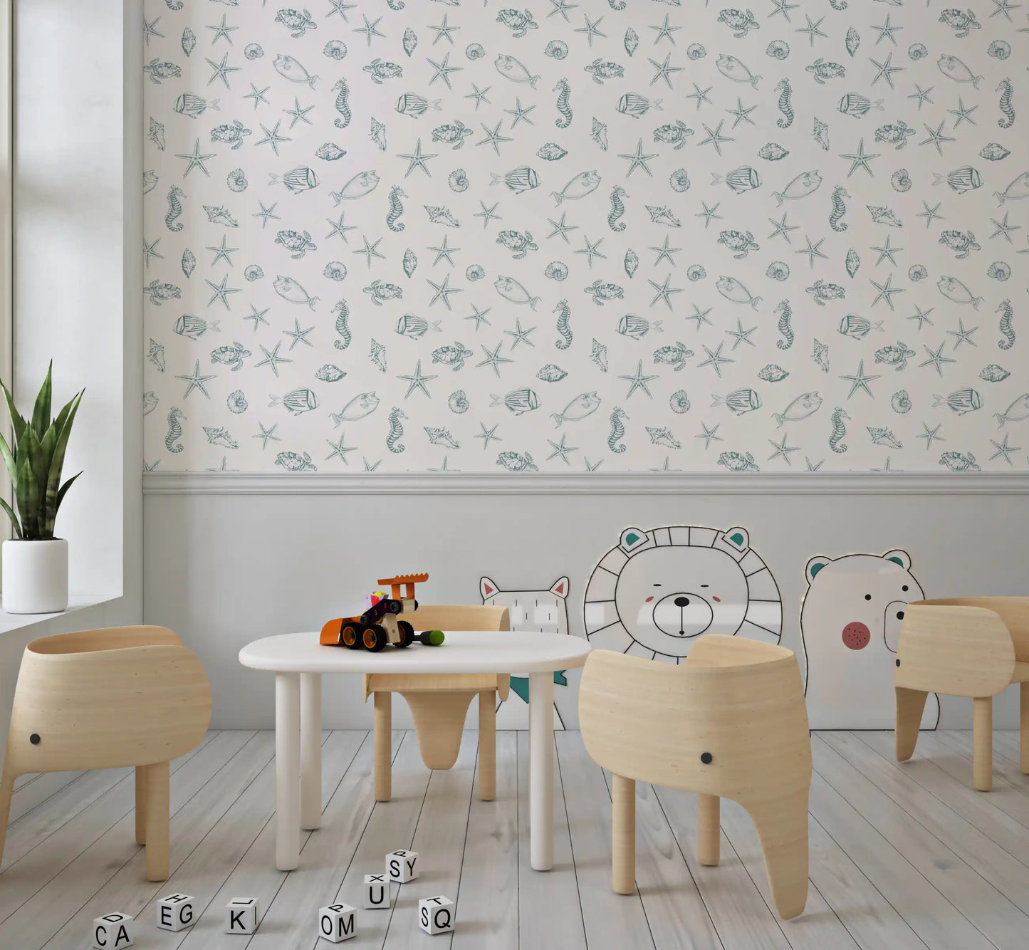 Oceanic Sketch Marine Life Pattern Wallpaper⁠