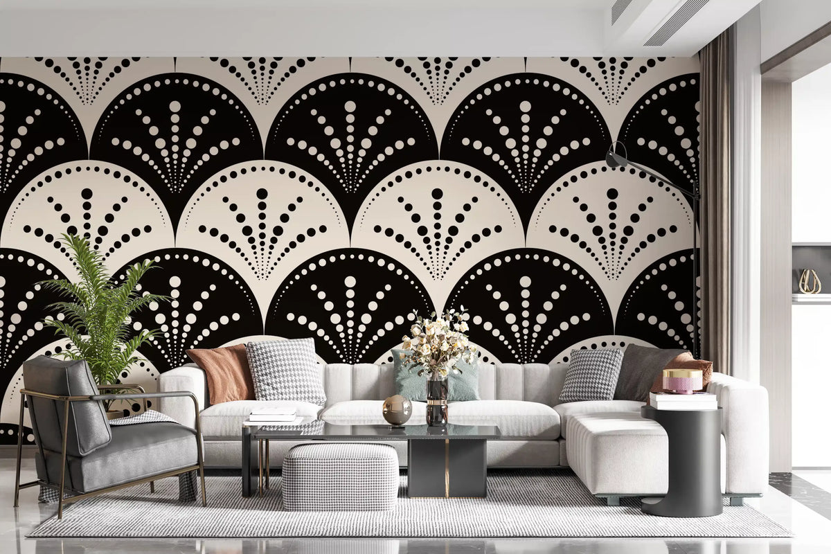 Black and cream art deco scallop wallpaper in a modern living room GD11831