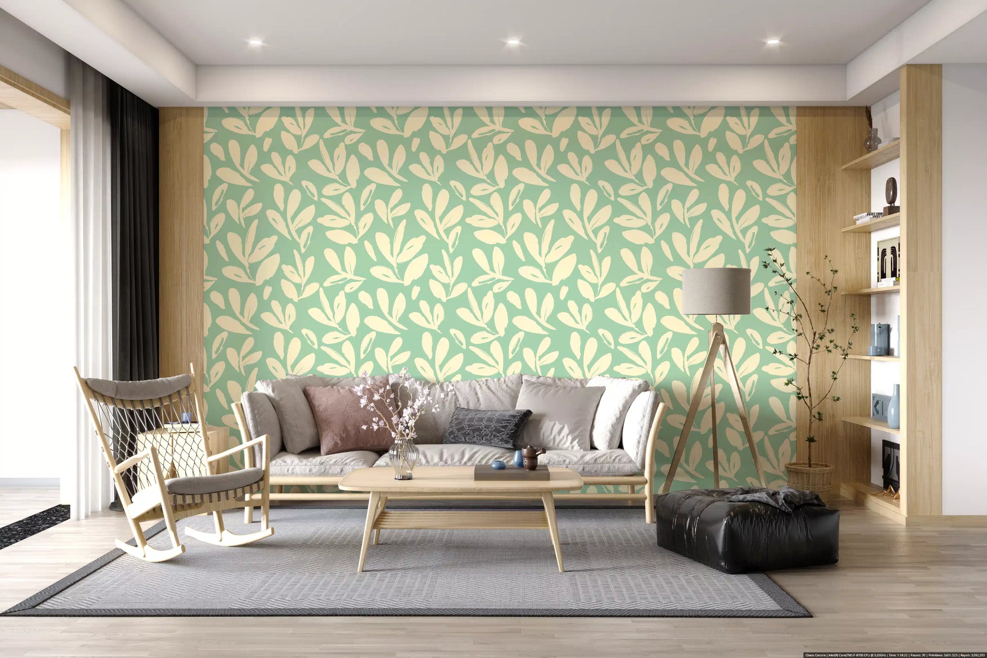 Sage and Cream Hand-Painted Leaf Wallpaper⁠