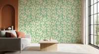 Sage and Cream Hand-Painted Leaf Wallpaper⁠