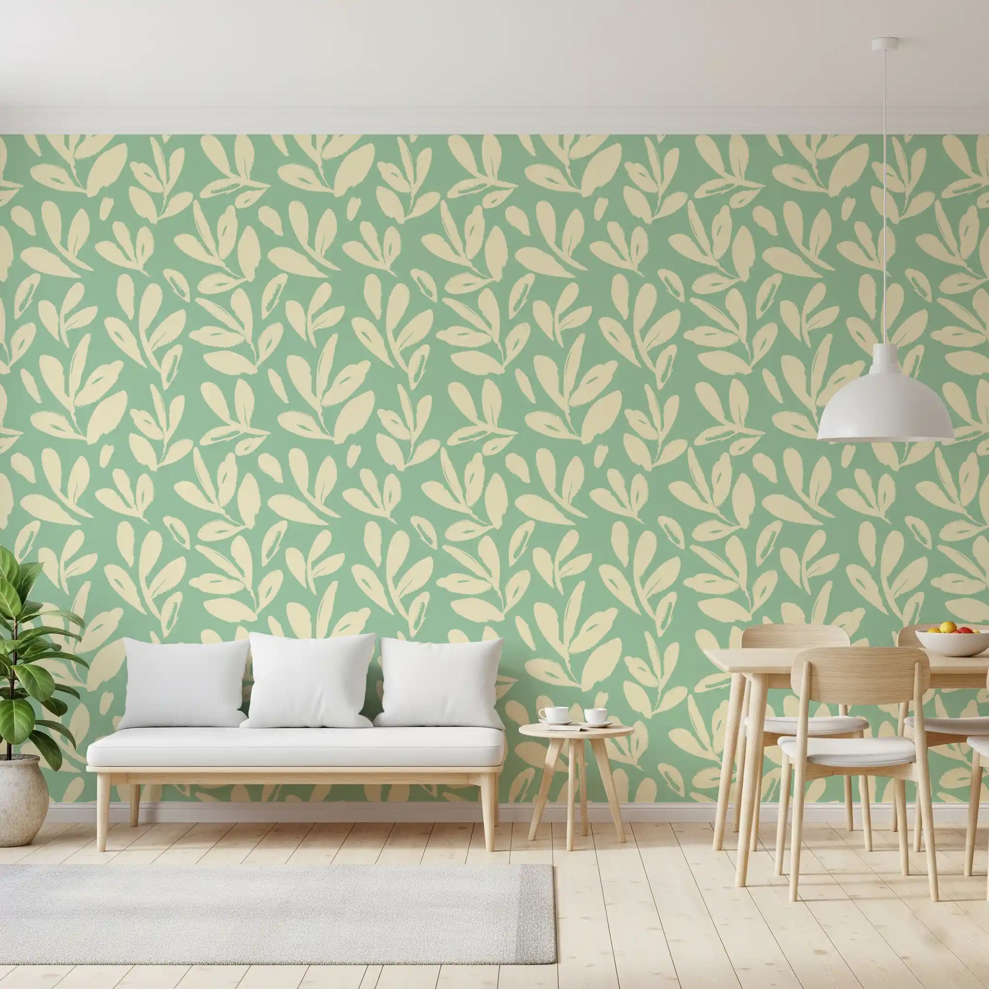Sage and Cream Hand-Painted Leaf Wallpaper⁠