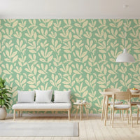 Sage and Cream Hand-Painted Leaf Wallpaper⁠