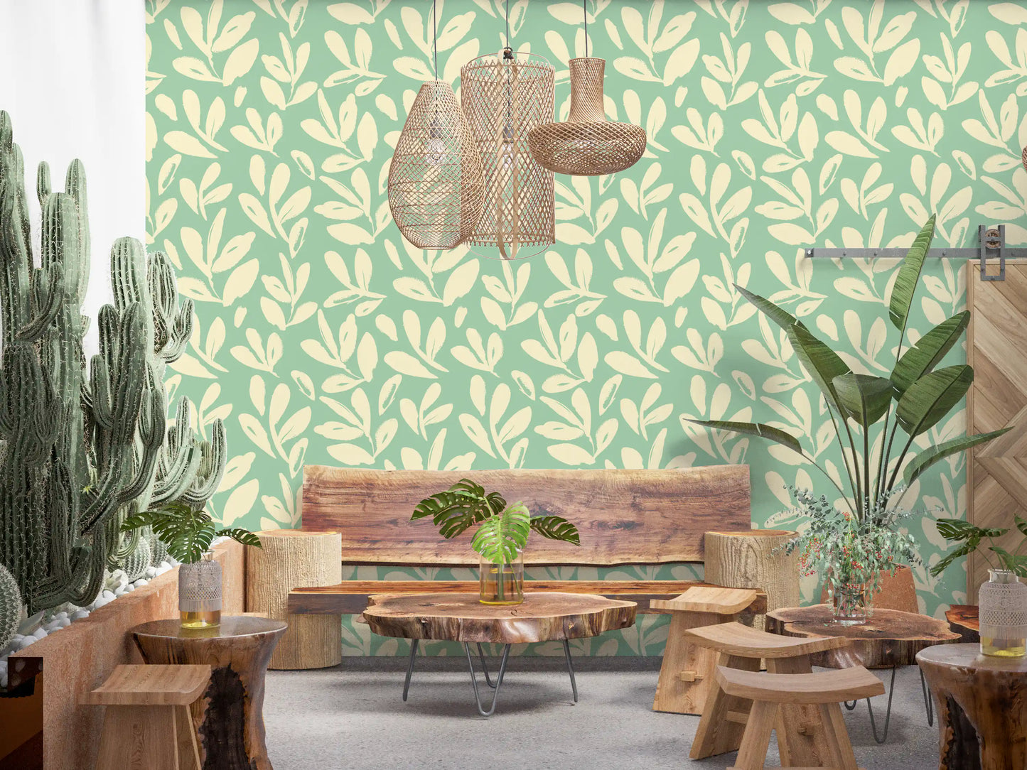Sage and Cream Hand-Painted Leaf Wallpaper⁠