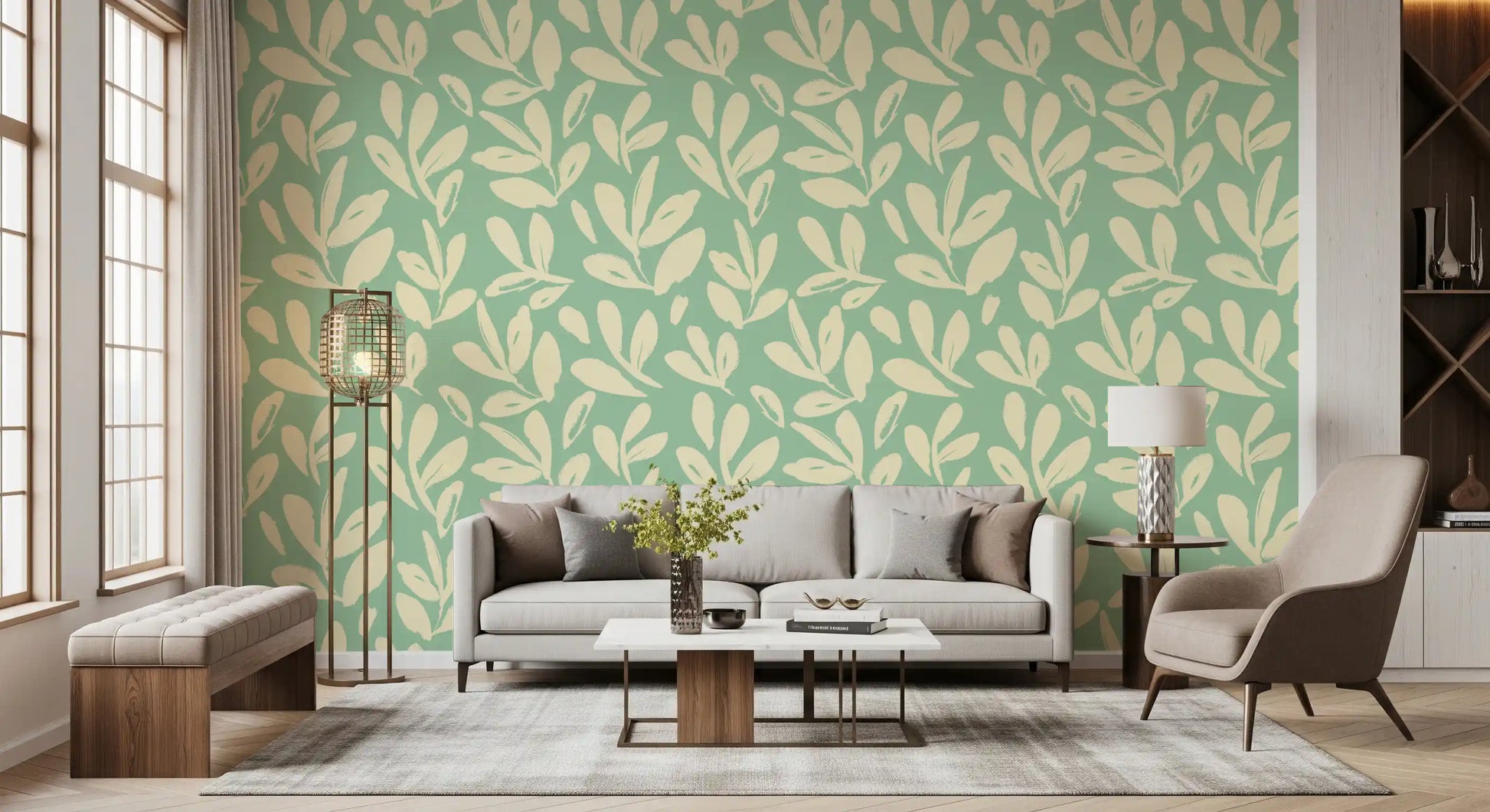 Sage and Cream Hand-Painted Leaf Wallpaper⁠