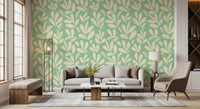 Sage and Cream Hand-Painted Leaf Wallpaper⁠